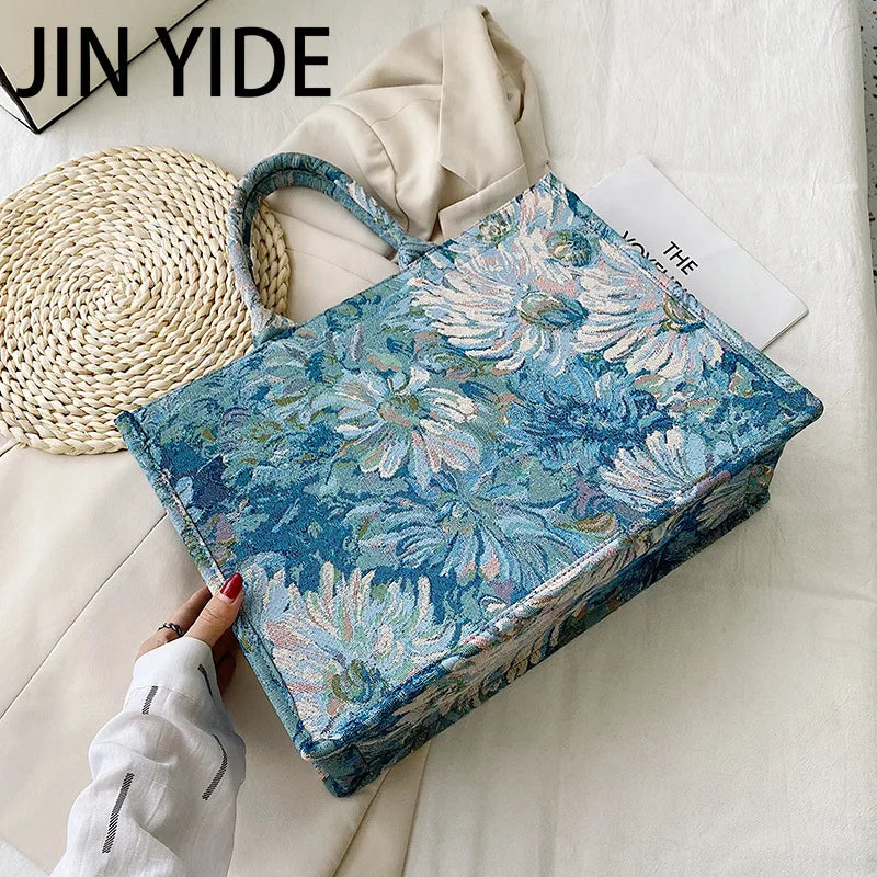 Large Canvas Tote Flower Painting Summer Handbag