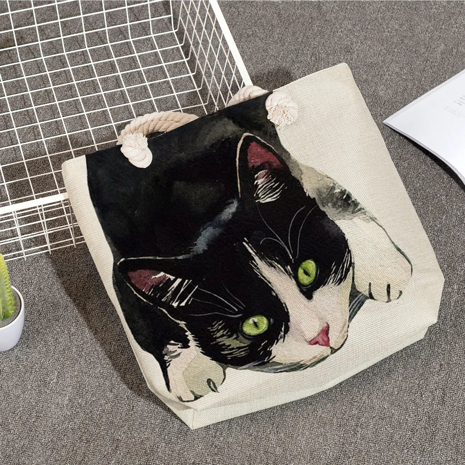 Watercolor Cat Printed Womens Tote Bags Eco Reusable Shopping Shopper Bags