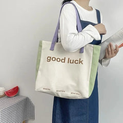 Canvas Panelled Letter Shoulder Bag Large Capacity Handbag