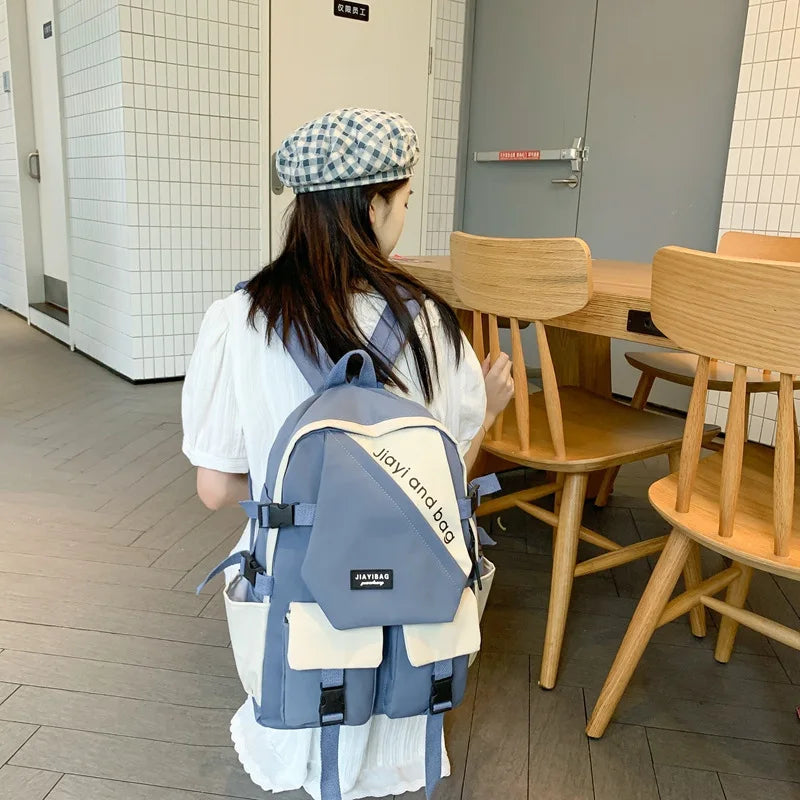 Panelled Pattern Nylon Women Backpack Large Bag Schoolbag for Teenage Girls