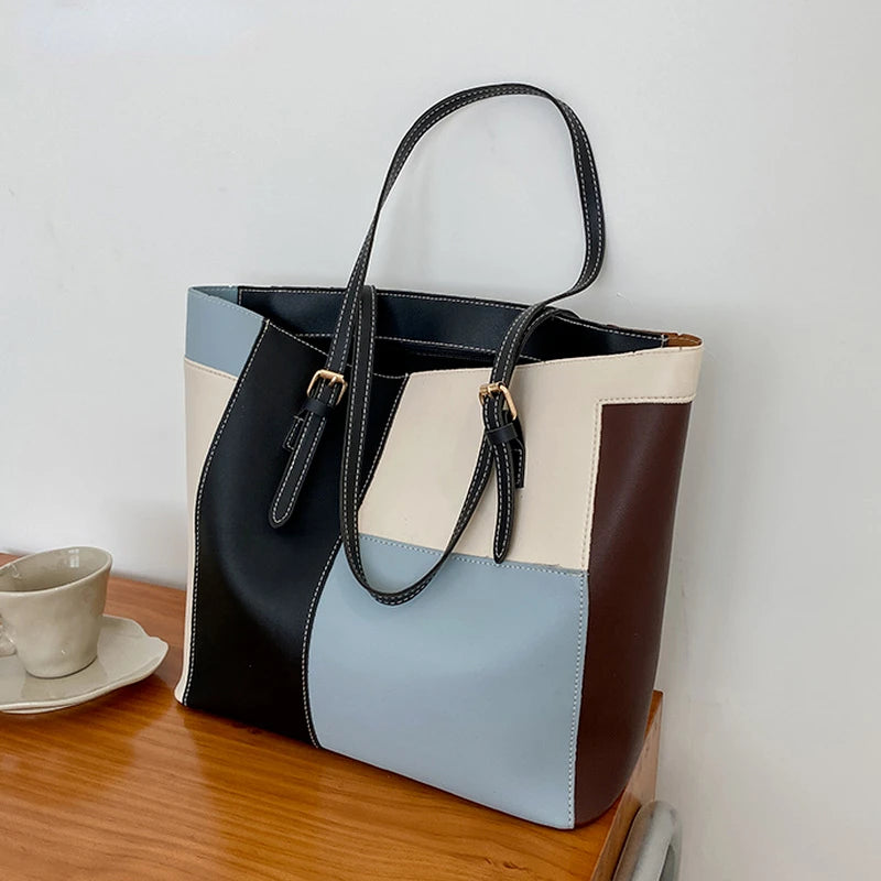 Panelled Shoulder Bags Women High PU Leather Underarm Handbag Plaid Trending