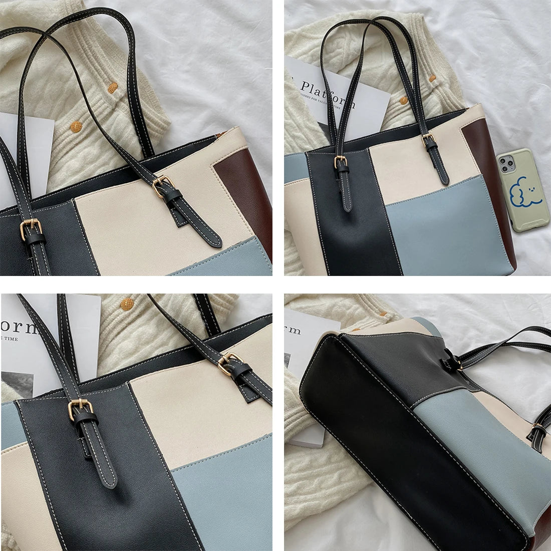 Panelled Shoulder Bags Women High PU Leather Underarm Handbag Plaid Trending