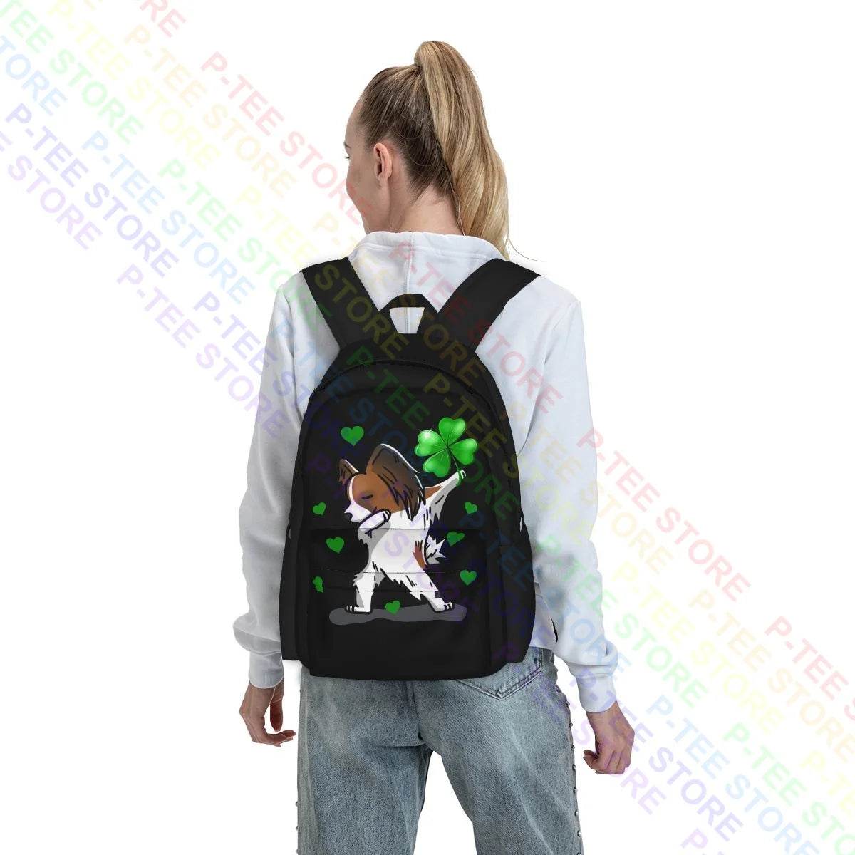 Papillion Dog Dabbing Large Backpack Lucky Irish Shamrock