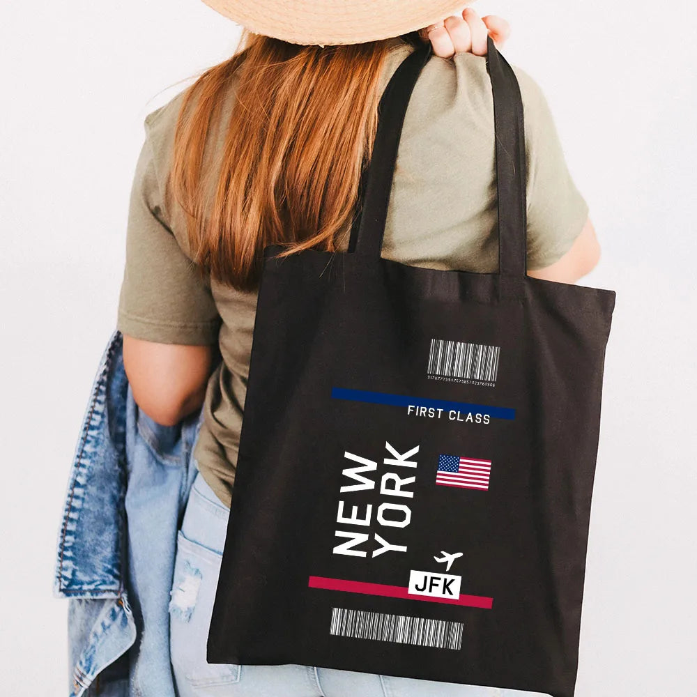 Paris York London Flight Ticket First Class Women Canvas Shoulder Bag