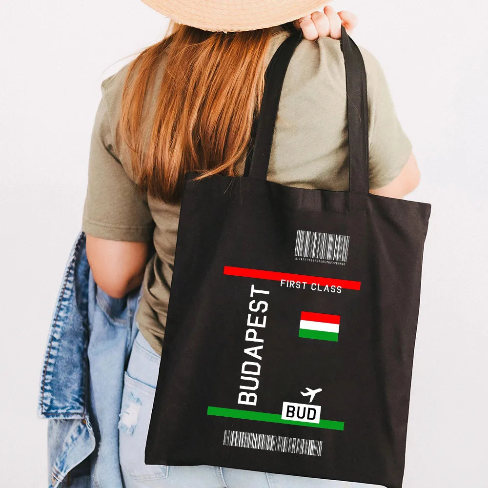 Paris York London Flight Ticket First Class Women Canvas Shoulder Bag