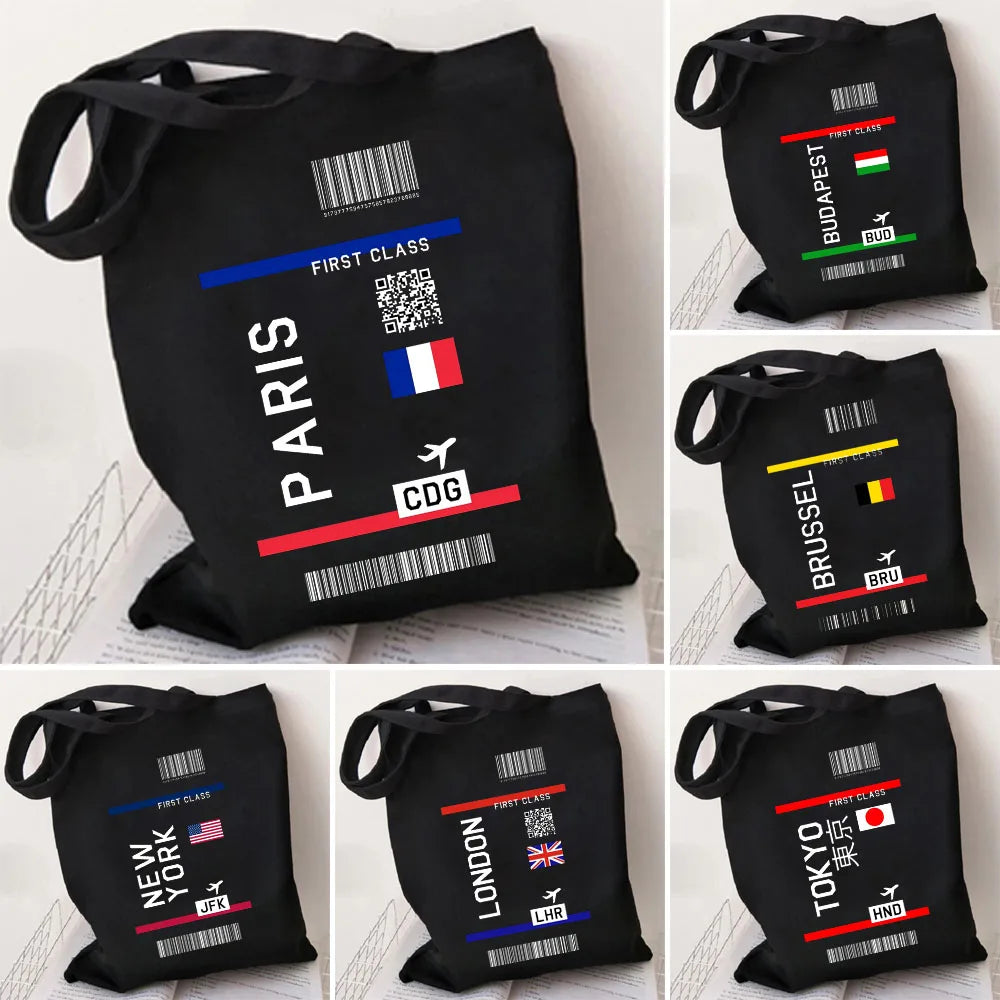 Paris York London Flight Ticket First Class Women Canvas Shoulder Bag