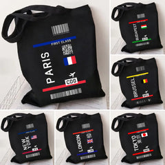 Paris York London Flight Ticket First Class Women Canvas Shoulder Bag