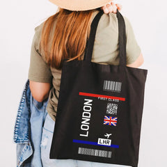 Paris York London Flight Ticket First Class Women Canvas Shoulder Bag