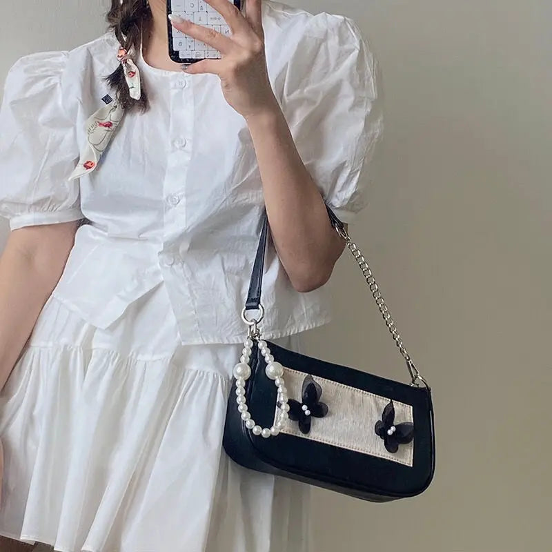 Vintage Pearls Underarm Chain Bag PU Leather Flap Handbag