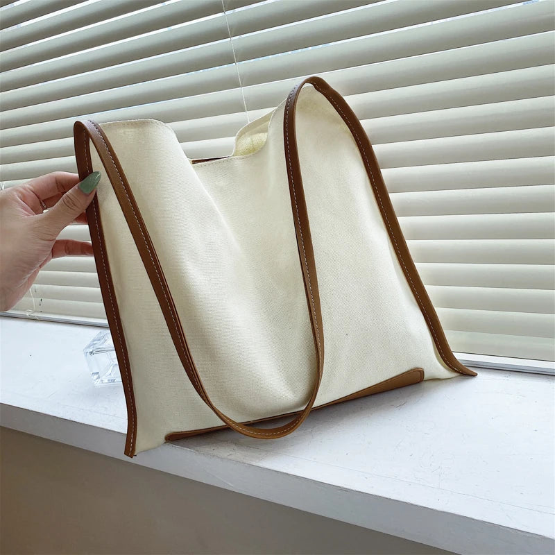 Patchwork Canvas Shoulder Bag Women Big Capacity College Students Bookbag