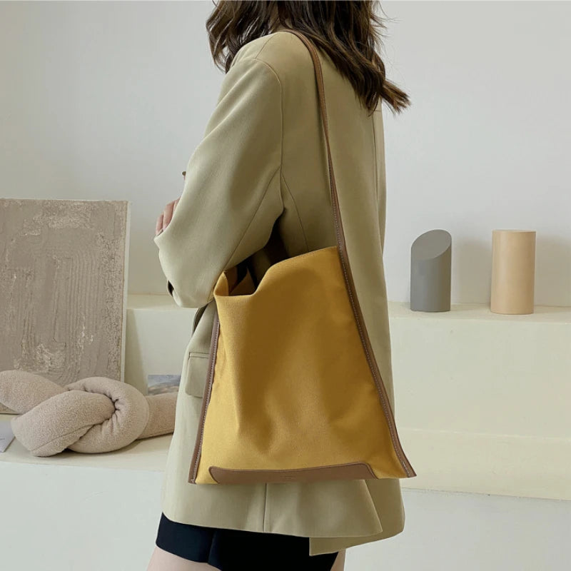 Patchwork Canvas Shoulder Bag Women Big Capacity College Students Bookbag