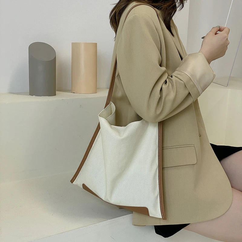 Patchwork Canvas Shoulder Bag Women Big Capacity College Students Bookbag