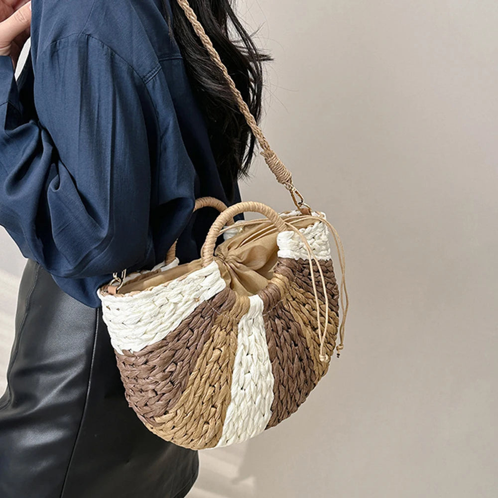 Bohemian Rattan Crossbody Bag Woven Handbags Half Moon Straw Clutch