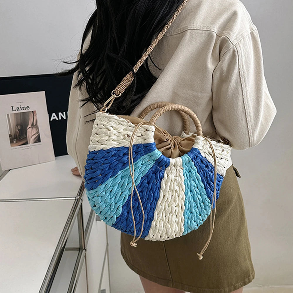Bohemian Rattan Crossbody Bag Woven Handbags Half Moon Straw Clutch