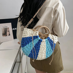 Bohemian Rattan Crossbody Bag Woven Handbags Half Moon Straw Clutch