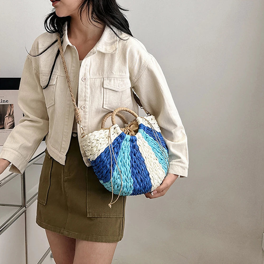 Bohemian Rattan Crossbody Bag Woven Handbags Half Moon Straw Clutch