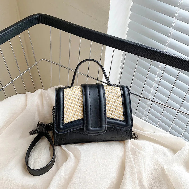 Stone Pattern & Straw Handbags Chains Shoulder Messenger Purses Women Hand Bags