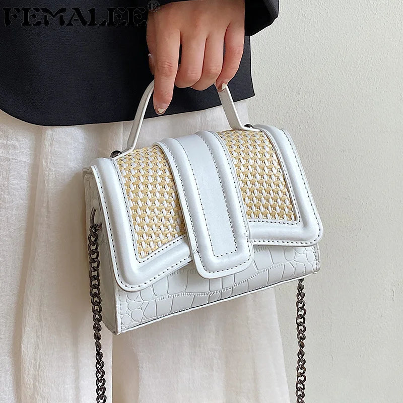Stone Pattern & Straw Handbags Chains Shoulder Messenger Purses Women Hand Bags