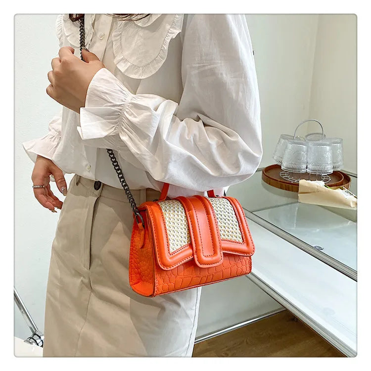 Stone Pattern & Straw Handbags Chains Shoulder Messenger Purses Women Hand Bags