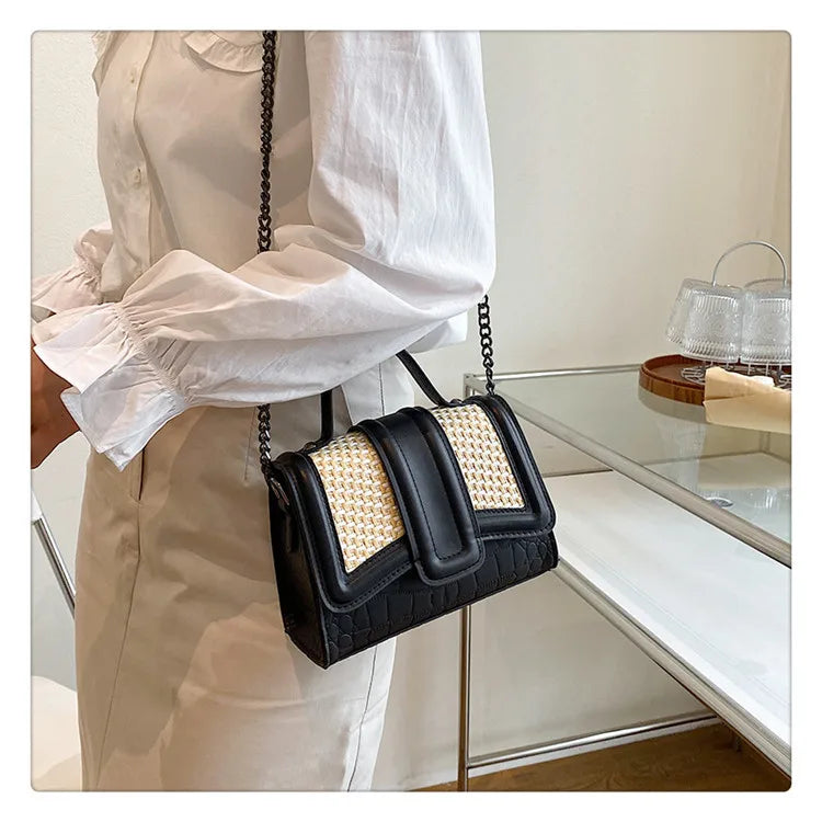 Stone Pattern & Straw Handbags Chains Shoulder Messenger Purses Women Hand Bags
