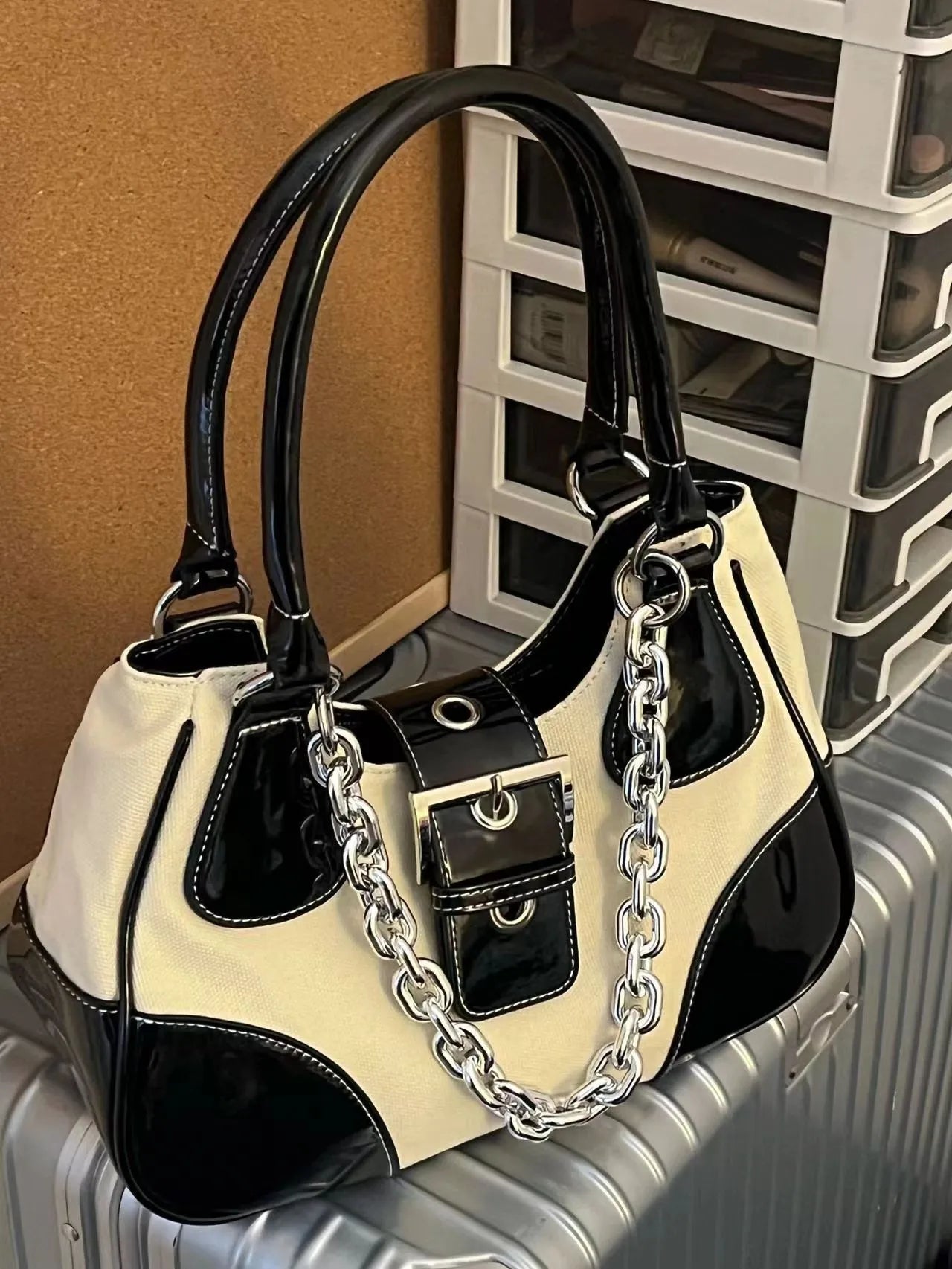 Patent Leather Canvas Underarm Bag Metal Chain Handbag Hip-Hop Style