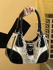 Patent Leather Canvas Underarm Bag Metal Chain Handbag Hip-Hop Style