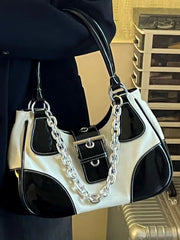 Patent Leather Canvas Underarm Bag Metal Chain Handbag Hip-Hop Style