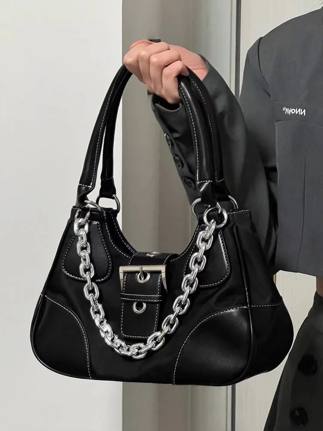 Patent Leather Canvas Underarm Bag Metal Chain Handbag Hip-Hop Style
