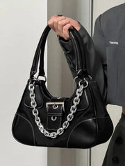 Patent Leather Canvas Underarm Bag Metal Chain Handbag Hip-Hop Style