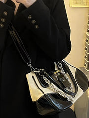 Patent Leather Canvas Underarm Bag Metal Chain Handbag Hip-Hop Style