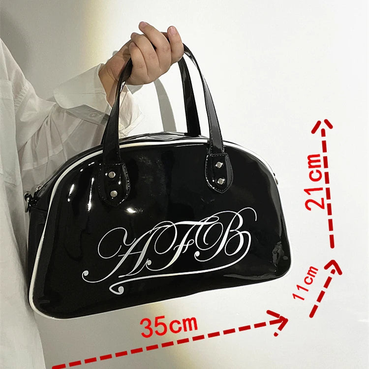 Patent Leather Women Fitness Shoulder Bag Letter Print Ladies Tote Handbags