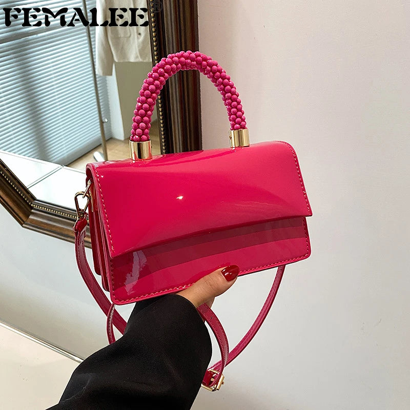 Patent PU Leather Women Top Bag Ladies Shoulder Bag Beading Handle Handbags