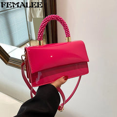 Patent PU Leather Women Top Bag Ladies Shoulder Bag Beading Handle Handbags