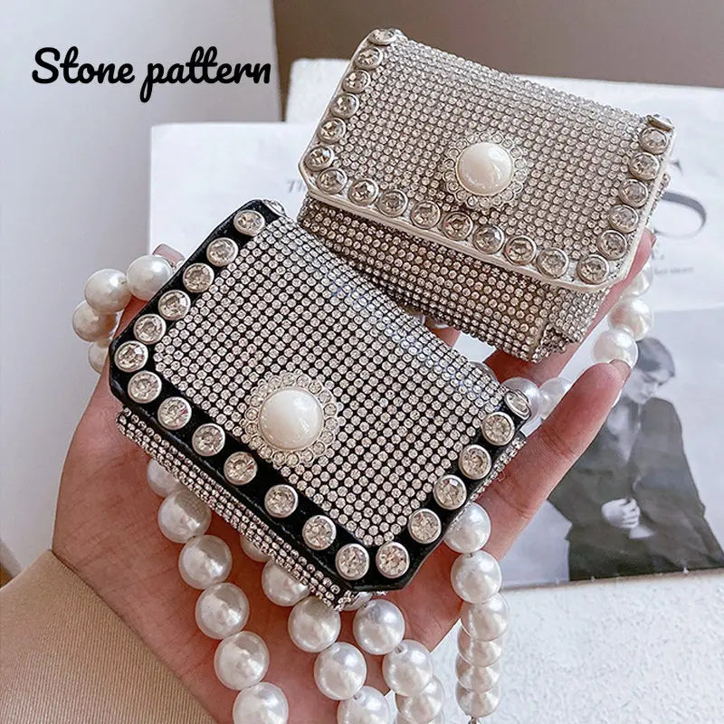 Pearl Rhinestone Mini Purses PU Leather Coin Wallets Chain Decorative Bags