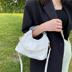 Pearls Shoulder Bags Women Temperament PU Leather Pleated Cloud Bag