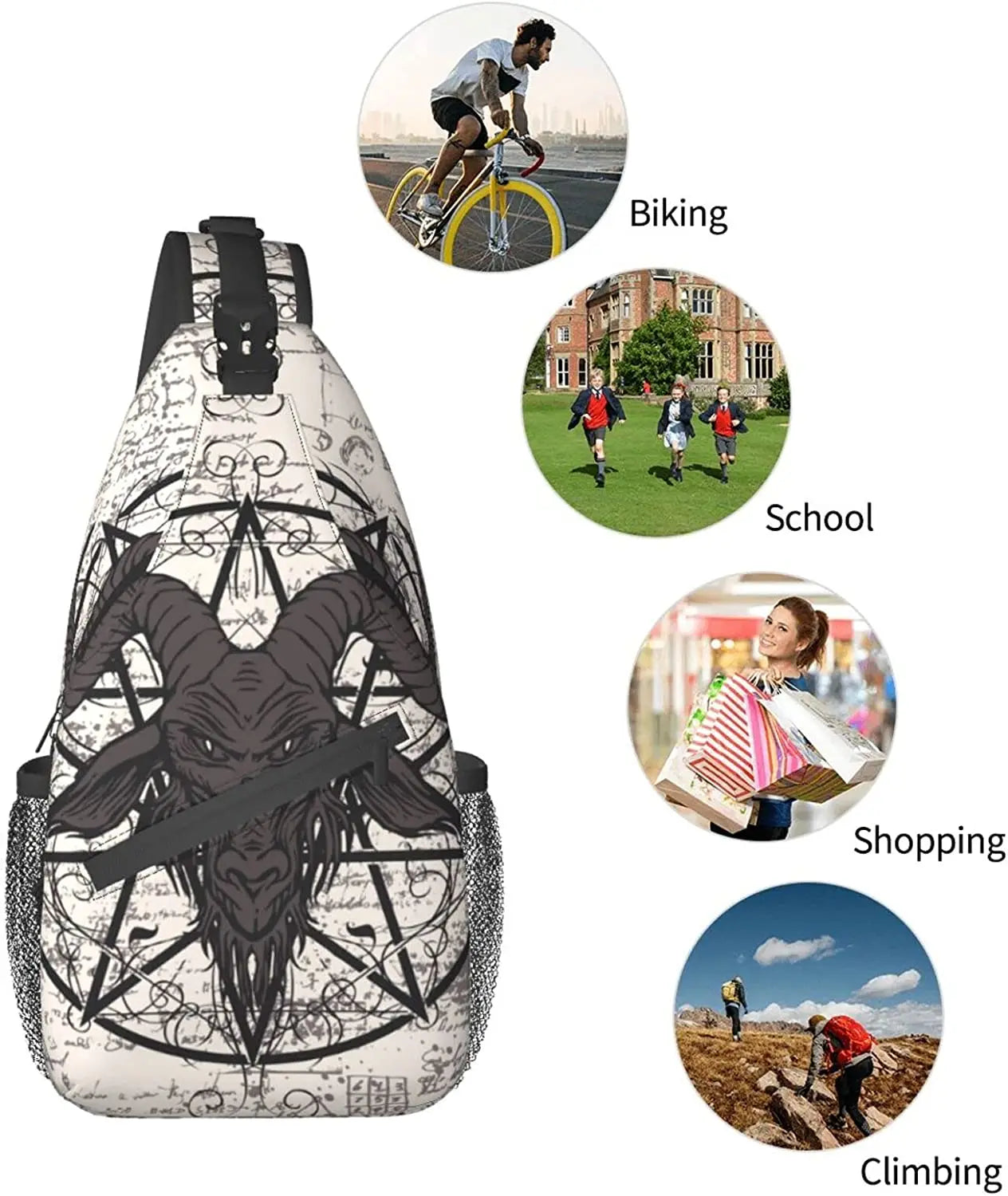 Pentagram Goat Skull Sling Bag Crossbody Travel Hiking Chest Backpack