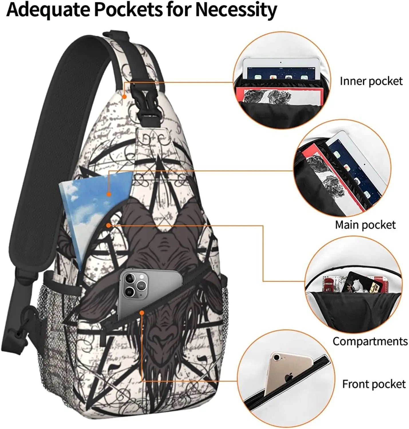 Pentagram Goat Skull Sling Bag Crossbody Travel Hiking Chest Backpack