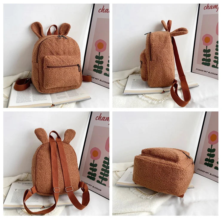 Embroidery Fuzzy Rabbit Backpack Plush School Bag With Bunny Ears Zipper