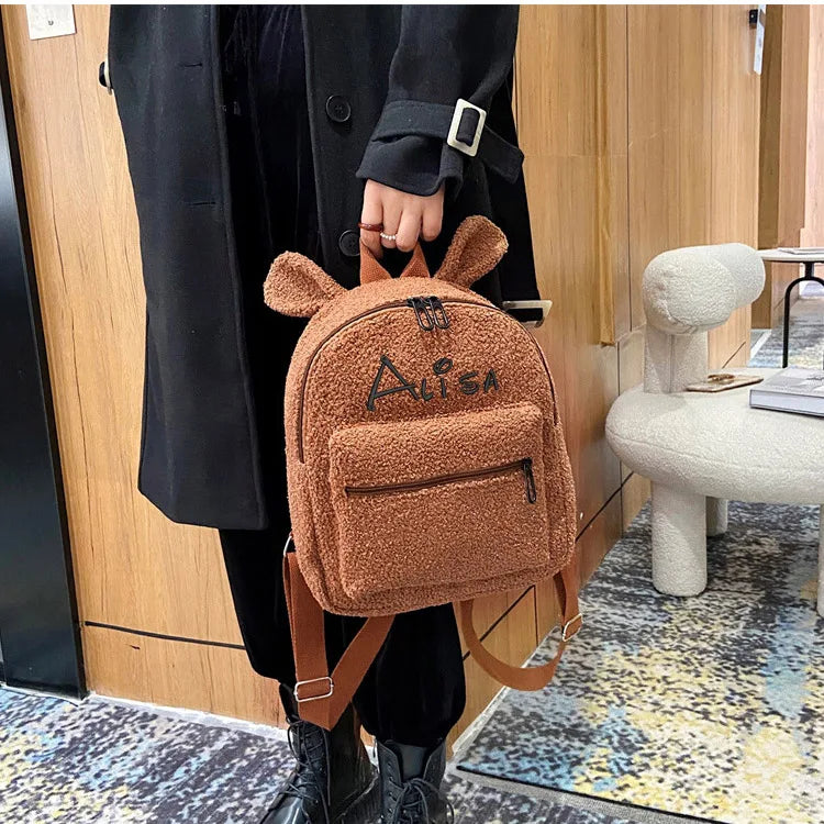Embroidery Fuzzy Rabbit Backpack Plush School Bag With Bunny Ears Zipper