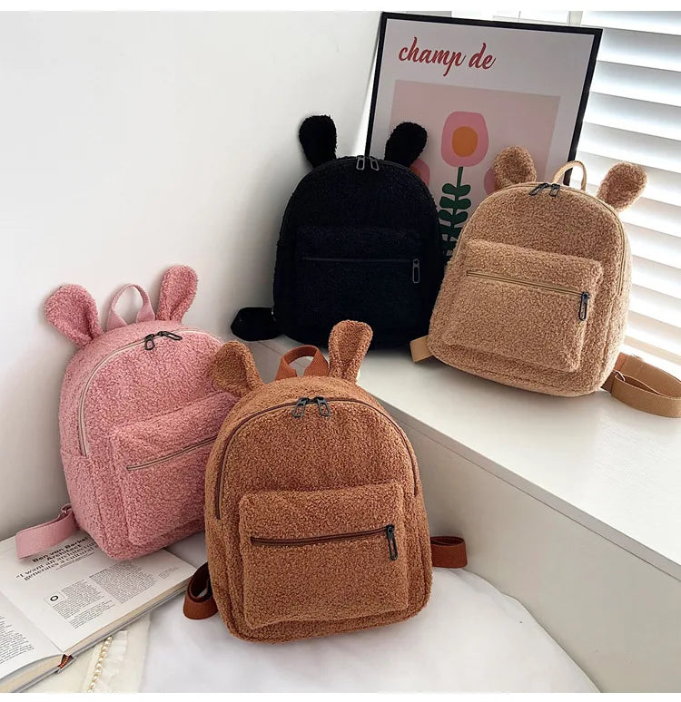 Embroidery Fuzzy Rabbit Backpack Plush School Bag With Bunny Ears Zipper