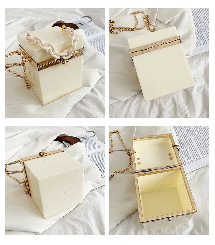 Personality Acrylic Box Crossbody Bag with Thick Chain Candy Lock Clutch