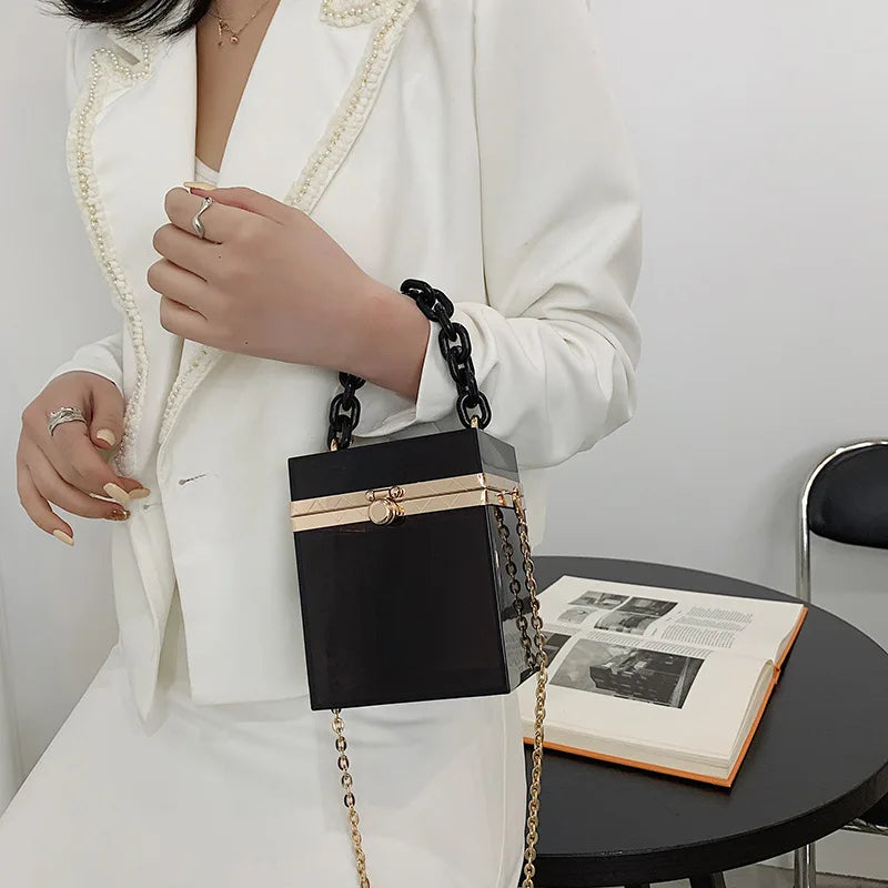Personality Acrylic Box Crossbody Bag with Thick Chain Candy Lock Clutch