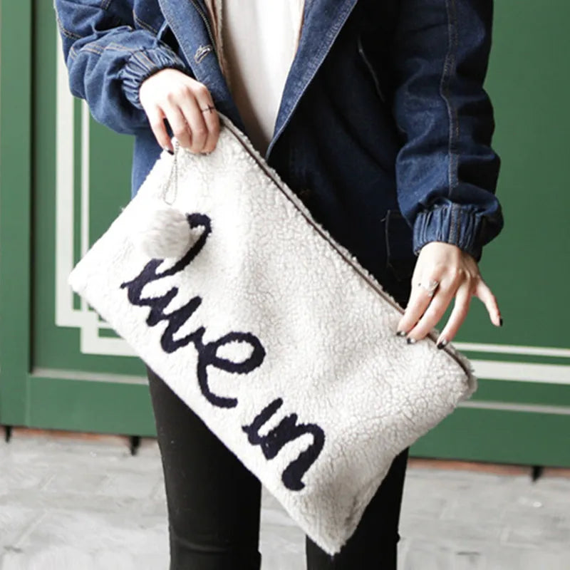 Personality Letters Fur Women's Handbag Clutch Purse Warm Shoulder Bag