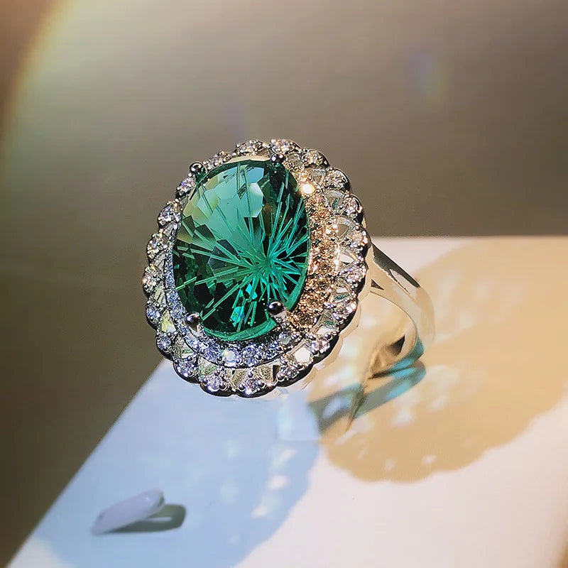 Oval Firework Craft 925 Silver Emerald Ring Party Travel Wedding