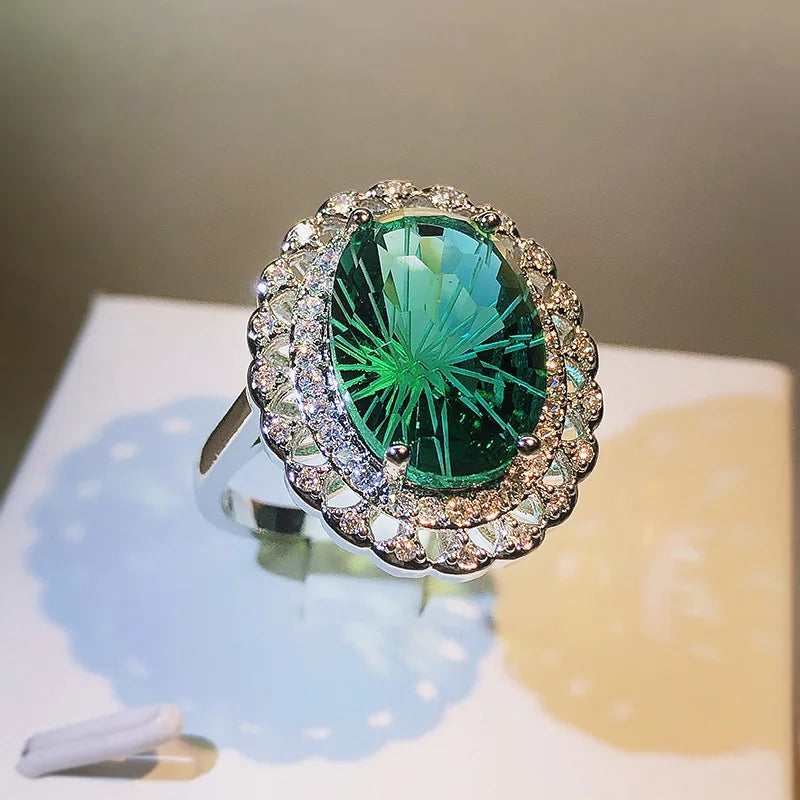 Oval Firework Craft 925 Silver Emerald Ring Party Travel Wedding
