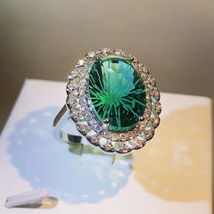 Oval Firework Craft 925 Silver Emerald Ring Party Travel Wedding