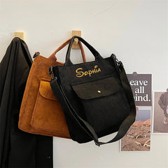 Personalized Corduroy Shoulder Bag with Monogram, Handbag for Shopping