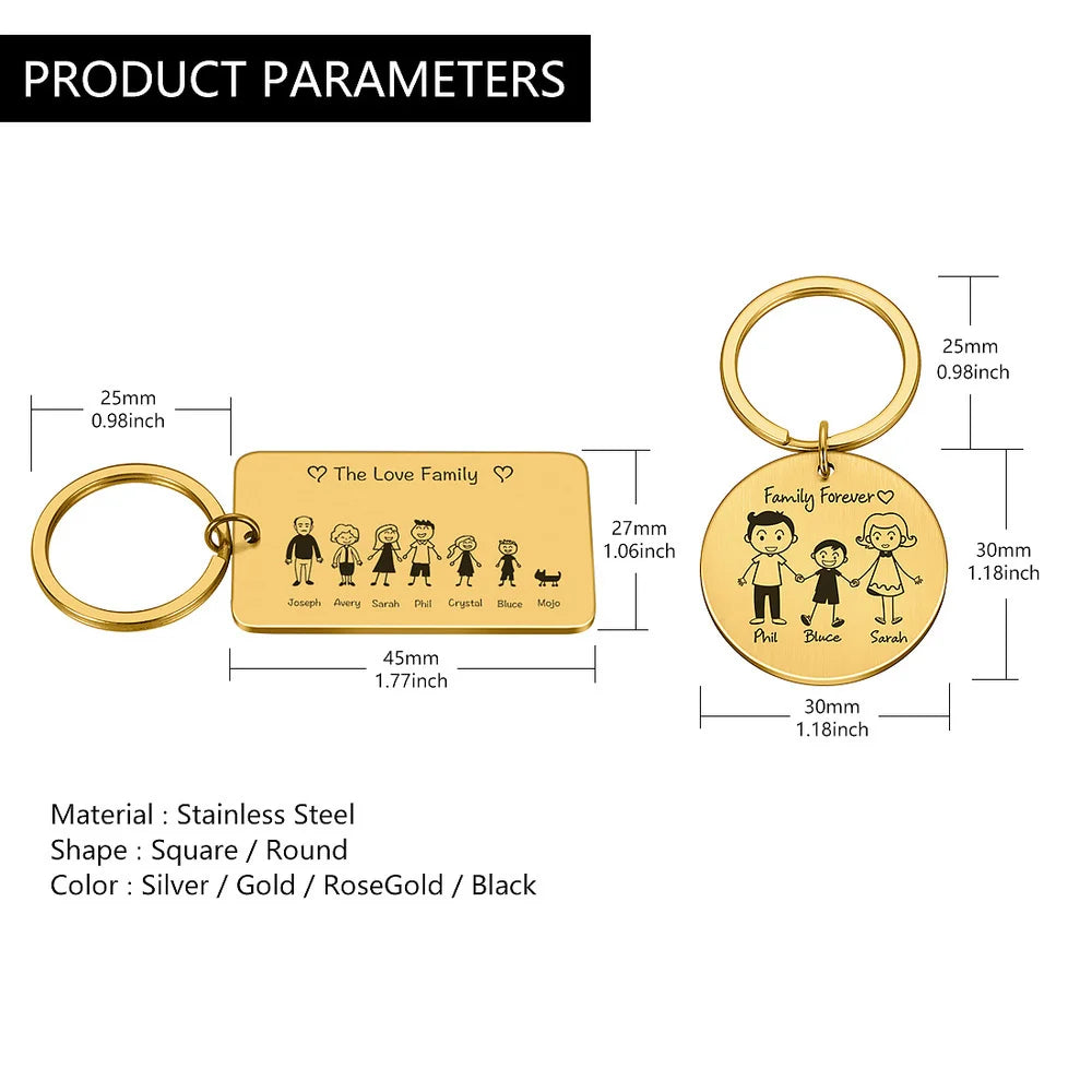 Family Keychain Engraved Parents Children Gift Keyring