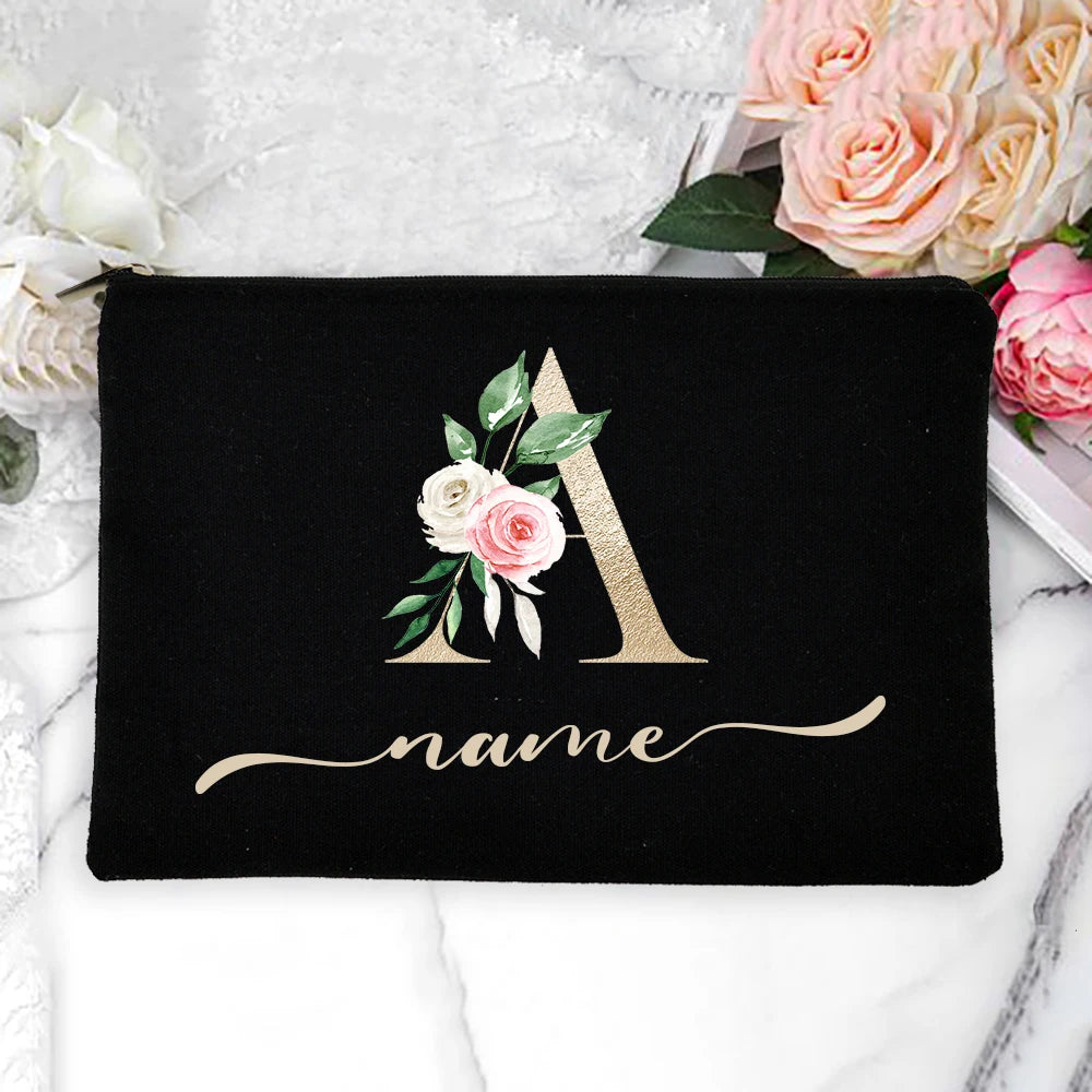 Personalized Name Women Makeup Bag Alphabet Flowers Canvas Cosmetic Cases