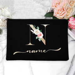 Personalized Name Women Makeup Bag Alphabet Flowers Canvas Cosmetic Cases